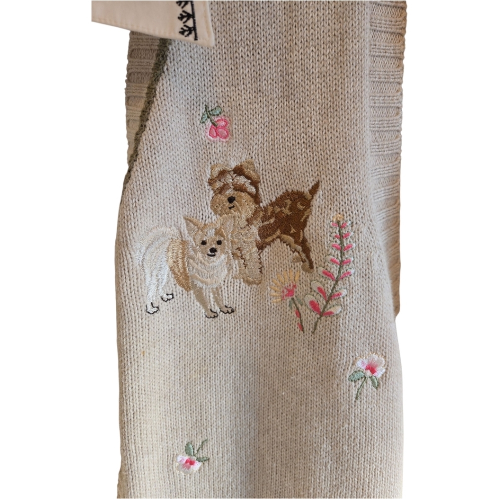 Vintage Embroidered Beige Cardigan Knit Sweater Vest with Dog Embroidered Blouse - Picture 6 of 9